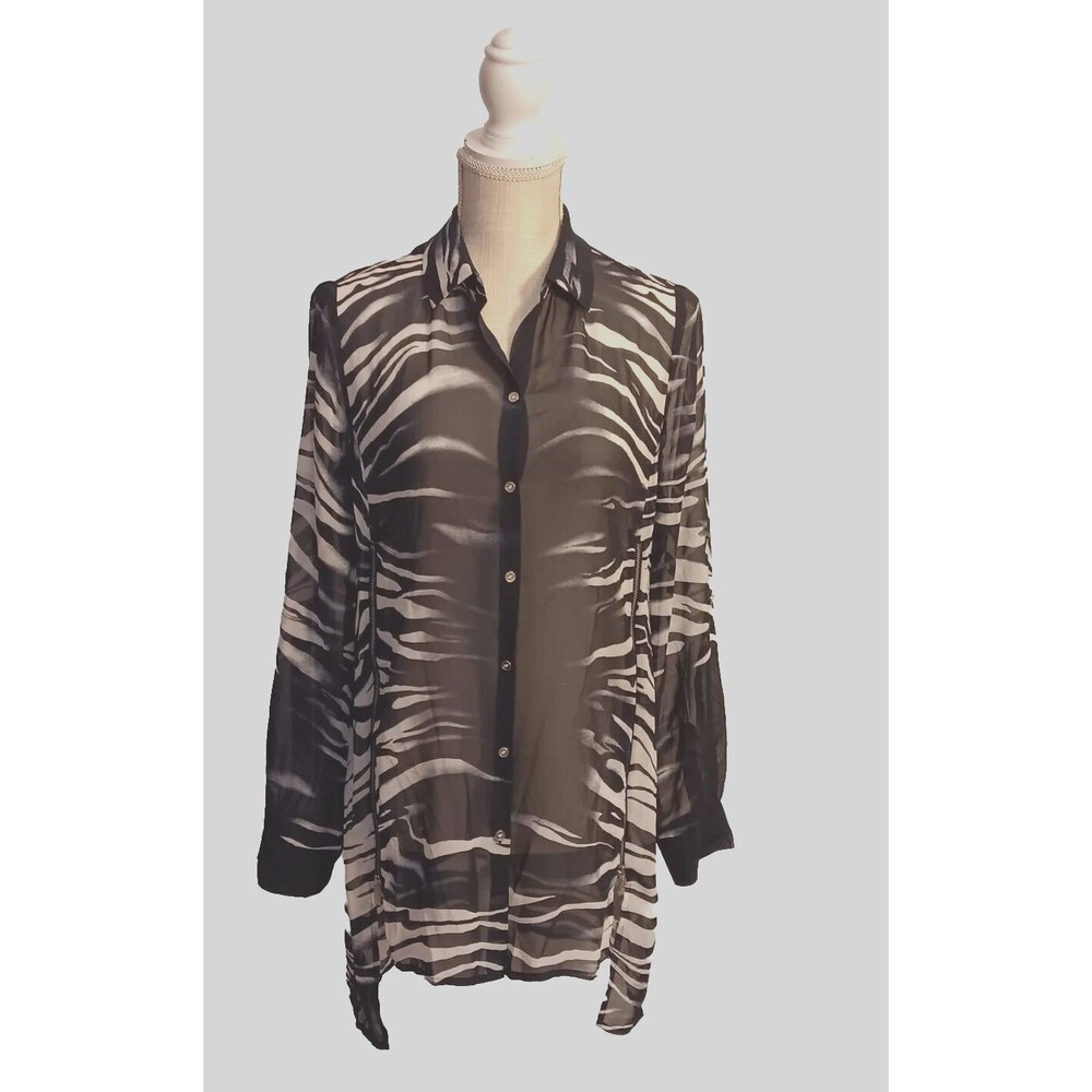 Chico's Black Label Size 0 Navy/White Animal Print Sheer Top w/Zipper Detail